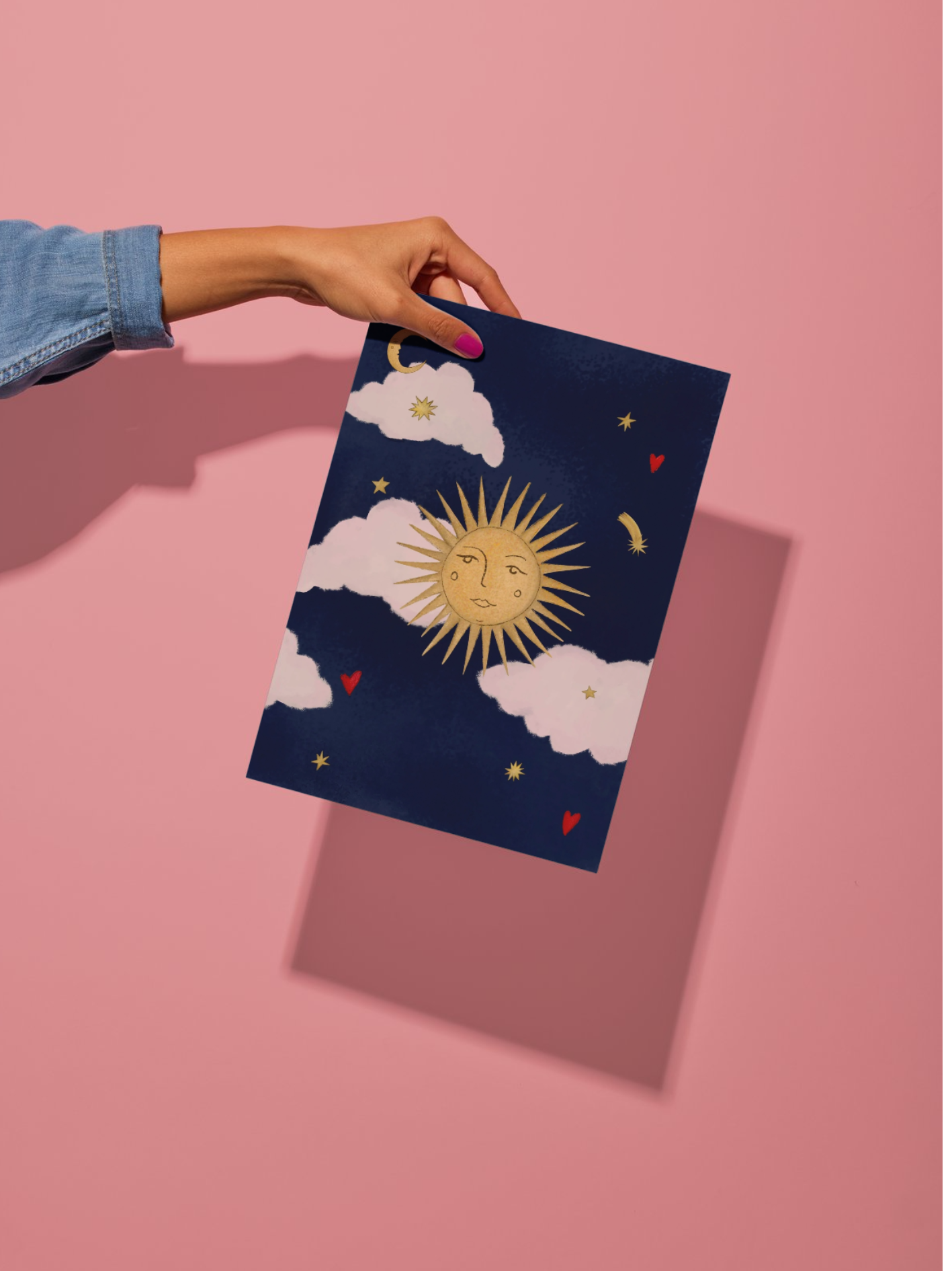 Celestial sun stars hearts clouds folk art cosmos art print dark blue midnight moody