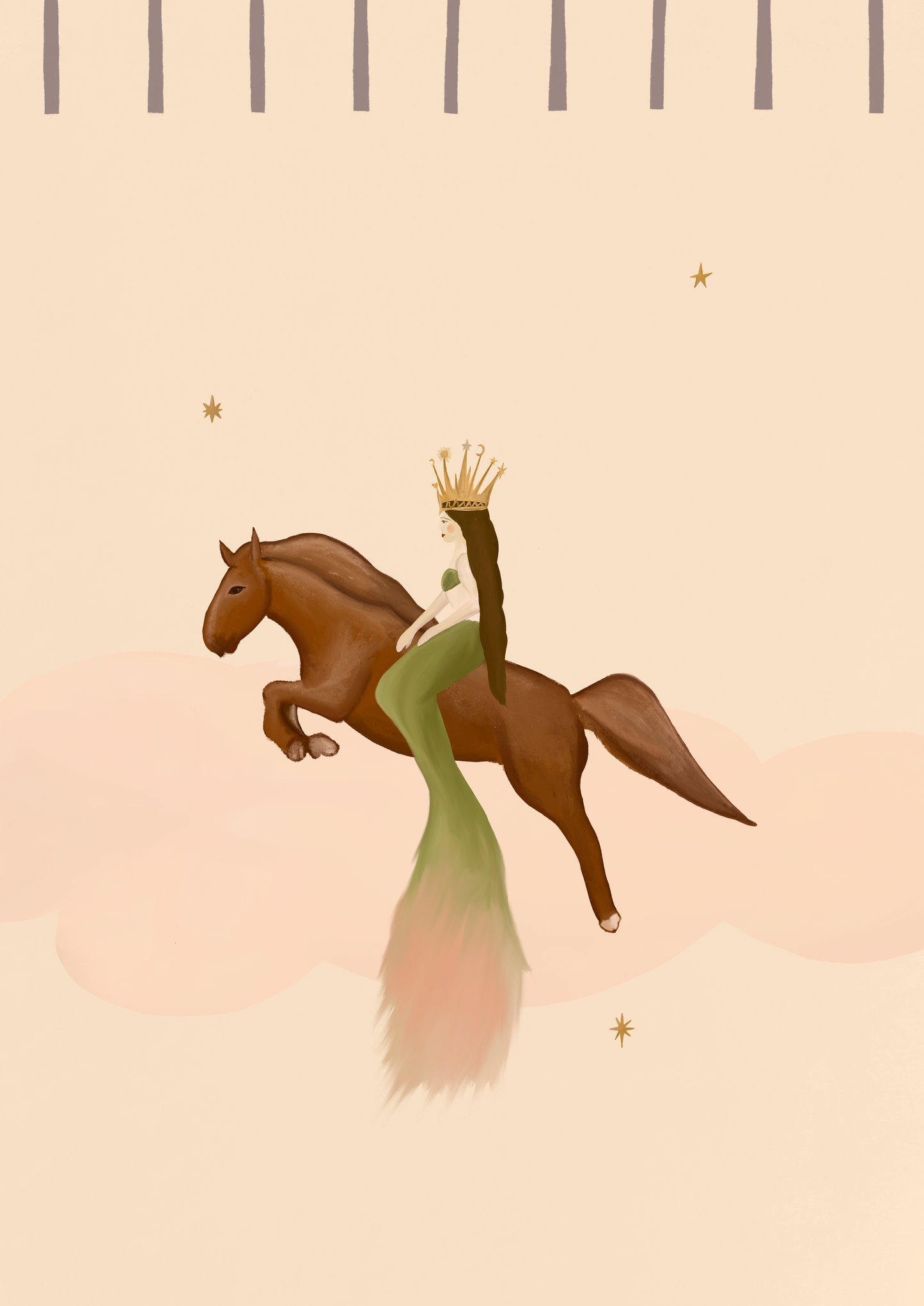 Mermaid on Horseback art print — crowned mermaid riding horseback through soft cloud, hand-illustrated by Queen of the Rodeo