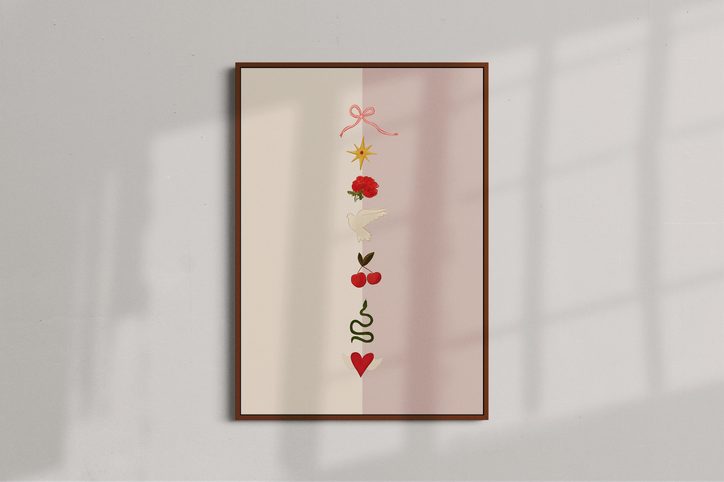 Folk art inspired cherries snake bird art print poster