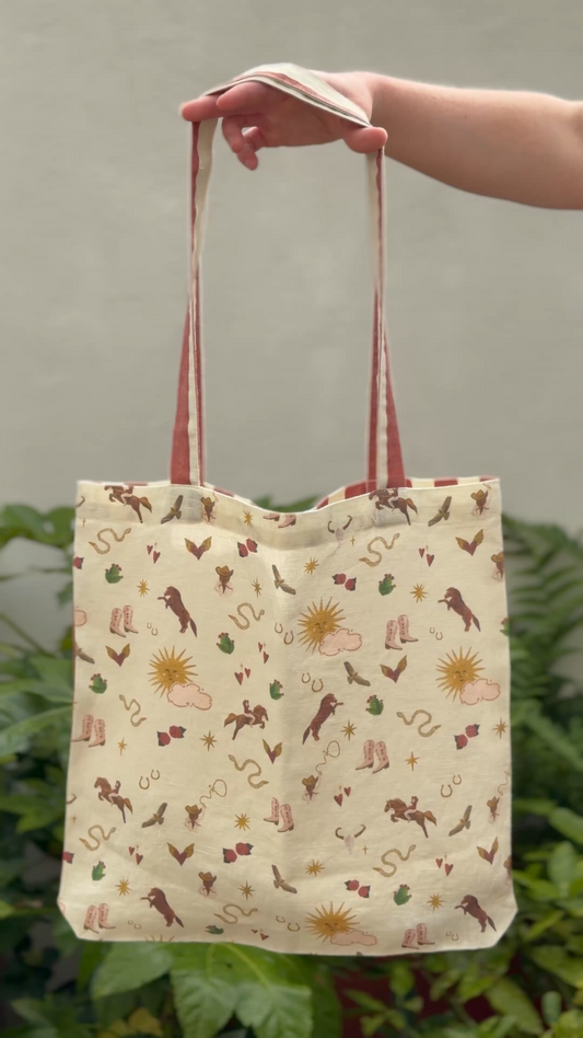 "Wild Rodeo" Linen Shopper Tote Bag, Double Sided Western Print and Striped Handles