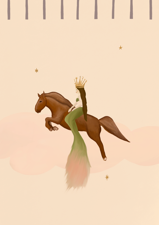 Mermaid on Horseback art print — crowned mermaid riding horseback through soft cloud, hand-illustrated by Queen of the Rodeo