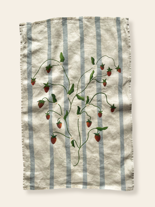 Linen Tea Towel "Strawberry Vines"